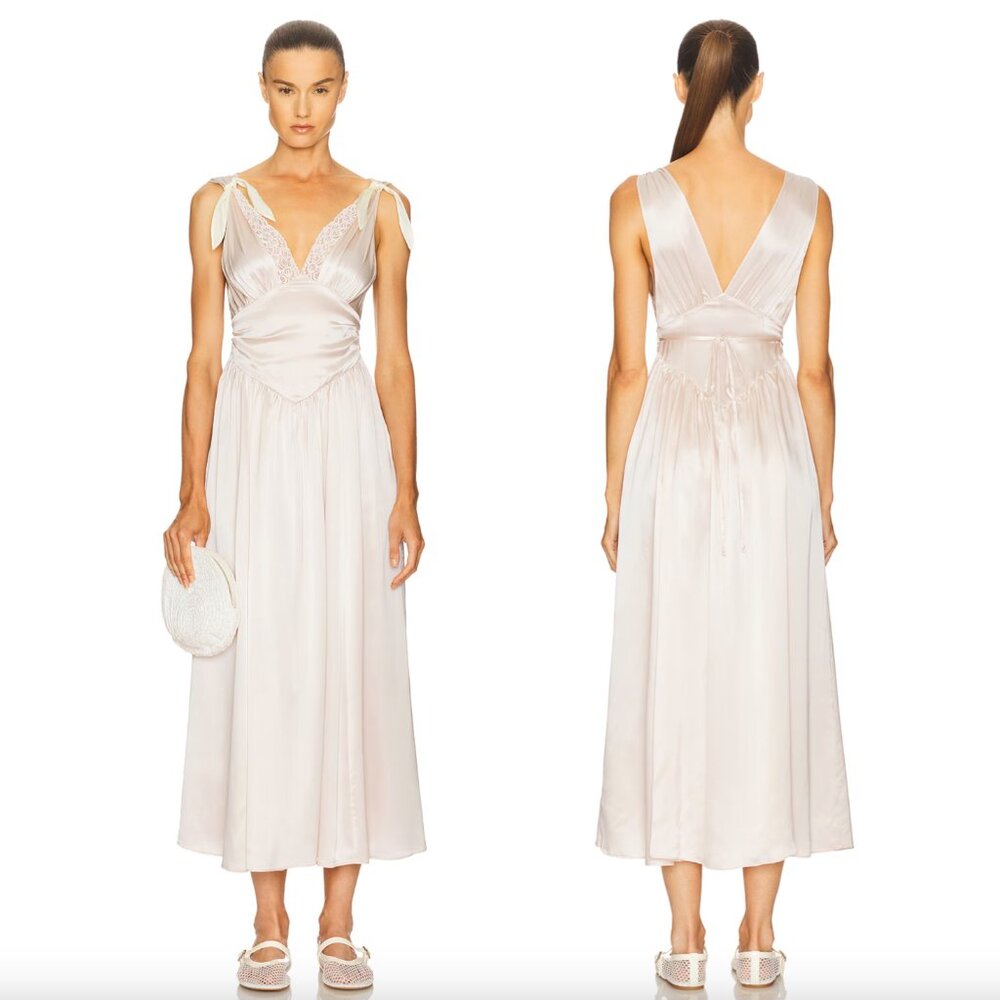 Silk Blush Midi Dress with Lace Trim